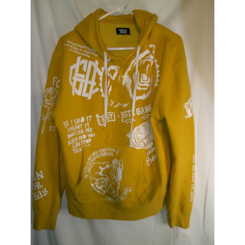Vintage Y2K Hustle Gang Mens‎ Graphic Print Hoodie Yellow Pullover Sweatshirt XL